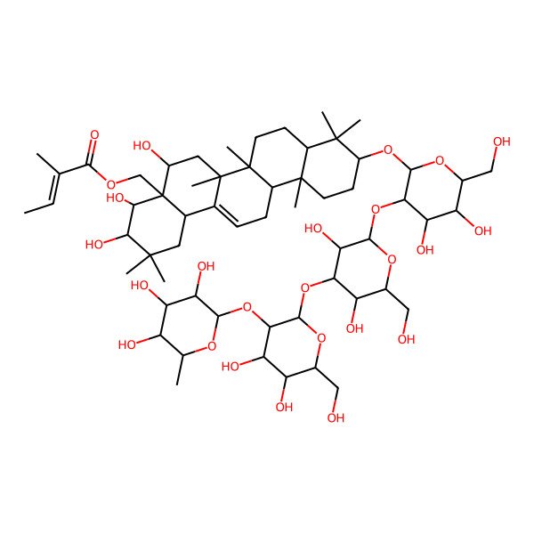 2D Structure of [(3R,4R,4aR,5R,6aR,6aS,6bR,8aR,10S,12aR,14bS)-10-[(2R,3R,4S,5S,6R)-3-[(2S,3R,4S,5R,6R)-4-[(2S,3R,4S,5R,6R)-4,5-dihydroxy-6-(hydroxymethyl)-3-[(2S,3R,4R,5R,6S)-3,4,5-trihydroxy-6-methyloxan-2-yl]oxyoxan-2-yl]oxy-3,5-dihydroxy-6-(hydroxymethyl)oxan-2-yl]oxy-4,5-dihydroxy-6-(hydroxymethyl)oxan-2-yl]oxy-3,4,5-trihydroxy-2,2,6a,6b,9,9,12a-heptamethyl-1,3,4,5,6,6a,7,8,8a,10,11,12,13,14b-tetradecahydropicen-4a-yl]methyl (E)-2-methylbut-2-enoate