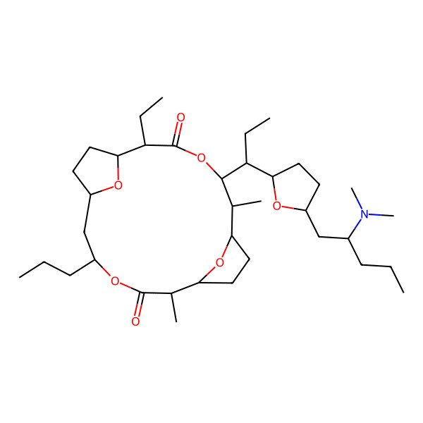 2D Structure of 5-[1-[5-[2-(Dimethylamino)pentyl]oxolan-2-yl]propyl]-2-ethyl-6,11-dimethyl-14-propyl-4,13,19,20-tetraoxatricyclo[14.2.1.17,10]icosane-3,12-dione