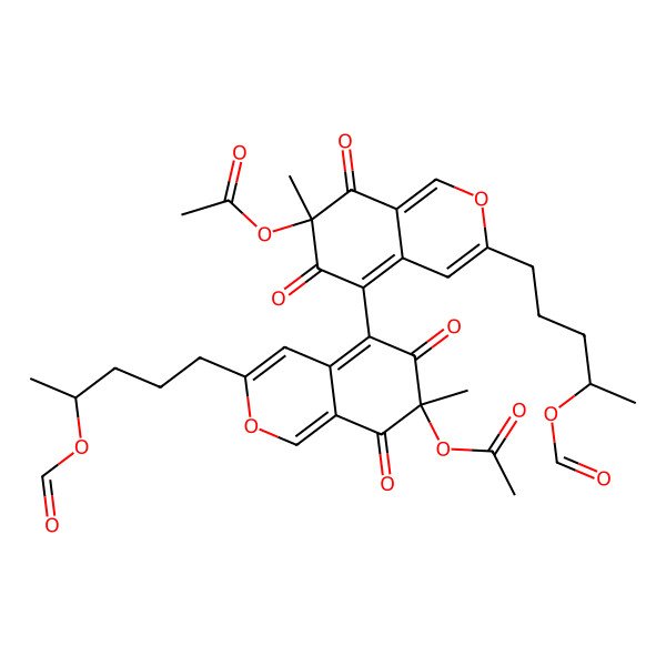 2D Structure of [5-[7-Acetyloxy-3-(4-formyloxypentyl)-7-methyl-6,8-dioxoisochromen-5-yl]-3-(4-formyloxypentyl)-7-methyl-6,8-dioxoisochromen-7-yl] acetate