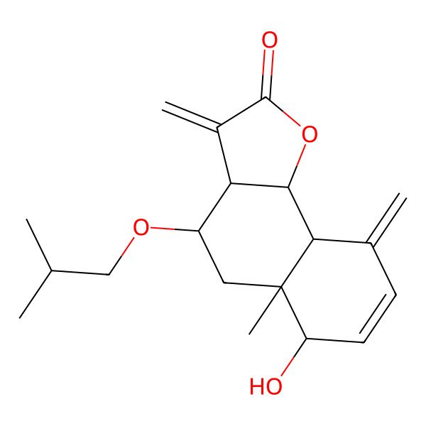 2D Structure of 6-Hydroxy-5a-methyl-3,9-dimethylidene-4-(2-methylpropoxy)-3a,4,5,6,9a,9b-hexahydrobenzo[g][1]benzofuran-2-one