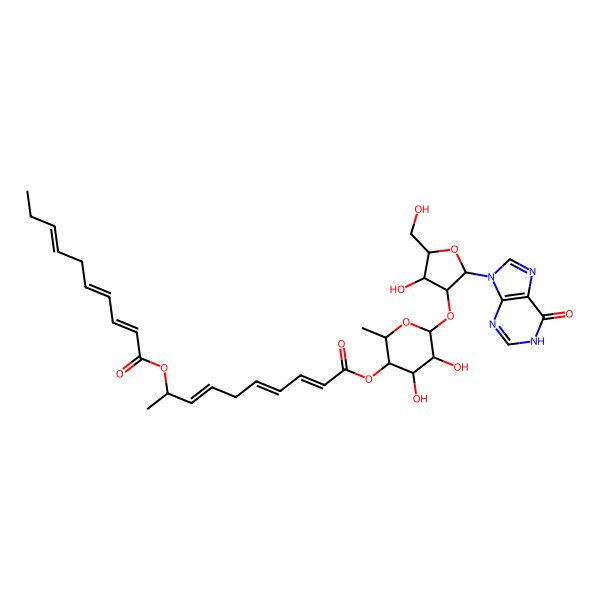 2D Structure of [4,5-dihydroxy-6-[4-hydroxy-5-(hydroxymethyl)-2-(6-oxo-1H-purin-9-yl)oxolan-3-yl]oxy-2-methyloxan-3-yl] 9-deca-2,4,7-trienoyloxydeca-2,4,7-trienoate
