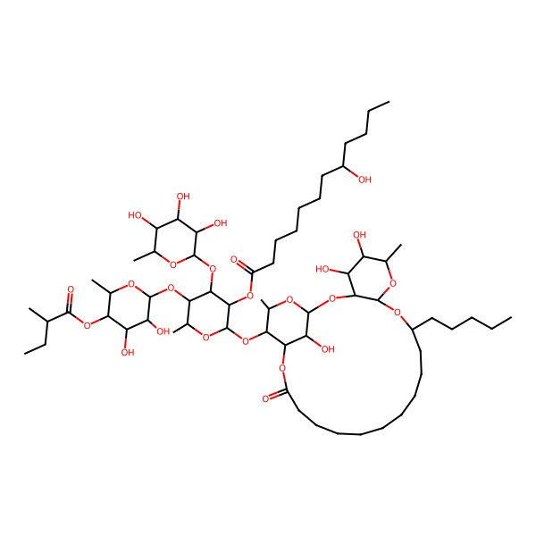 2D Structure of [5-[3,4-Dihydroxy-6-methyl-5-(2-methylbutanoyloxy)oxan-2-yl]oxy-6-methyl-2-[(4,5,26-trihydroxy-6,24-dimethyl-20-oxo-10-pentyl-2,7,9,21,25-pentaoxatricyclo[20.3.1.03,8]hexacosan-23-yl)oxy]-4-(3,4,5-trihydroxy-6-methyloxan-2-yl)oxyoxan-3-yl] 8-hydroxydodecanoate