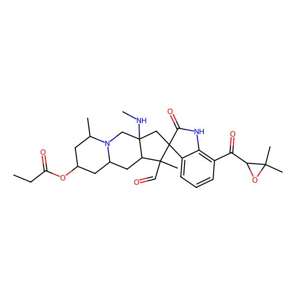 2D Structure of [(1'R,3R,3'aS,6'S,8'R,9'aS,10'aR)-7-[(2S)-3,3-dimethyloxirane-2-carbonyl]-1'-ormyl-1',6'-dimethyl-3'a-(methylamino)-2-oxospiro[1H-indole-3,2'-4,6,7,8,9,9a,10,10a-octahydro-3H-cyclopenta[b]quinolizine]-8'-yl] propanoate