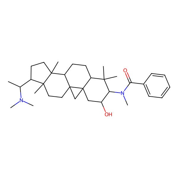2D Structure of N-[(1S,3S,5R,6R,8R,11S,12S,15S,16R)-15-[(1S)-1-(dimethylamino)ethyl]-5-hydroxy-7,7,12,16-tetramethyl-6-pentacyclo[9.7.0.01,3.03,8.012,16]octadecanyl]-N-methylbenzamide