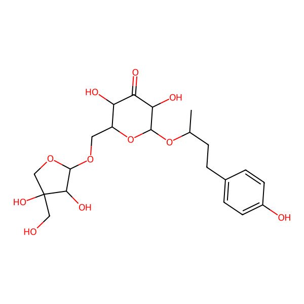 2D Structure of 2-[[3,4-Dihydroxy-4-(hydroxymethyl)oxolan-2-yl]oxymethyl]-3,5-dihydroxy-6-[4-(4-hydroxyphenyl)butan-2-yloxy]oxan-4-one