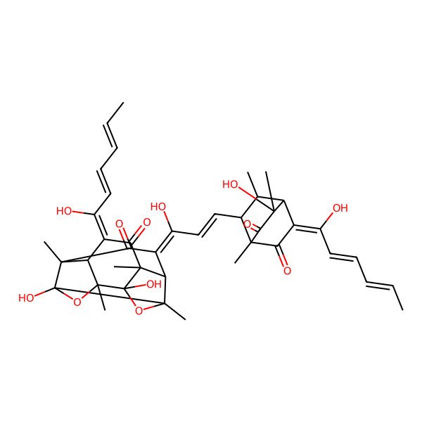 2D Structure of 3,10-Dihydroxy-6-(1-hydroxyhexa-2,4-dienylidene)-13-[1-hydroxy-3-[5-hydroxy-8-(1-hydroxyhexa-2,4-dienylidene)-1,3,5-trimethyl-6,7-dioxo-2-bicyclo[2.2.2]octanyl]prop-2-enylidene]-1,4,8,11-tetramethyl-2,9-dioxapentacyclo[8.4.0.03,8.04,14.07,11]tetradecane-5,12-dione