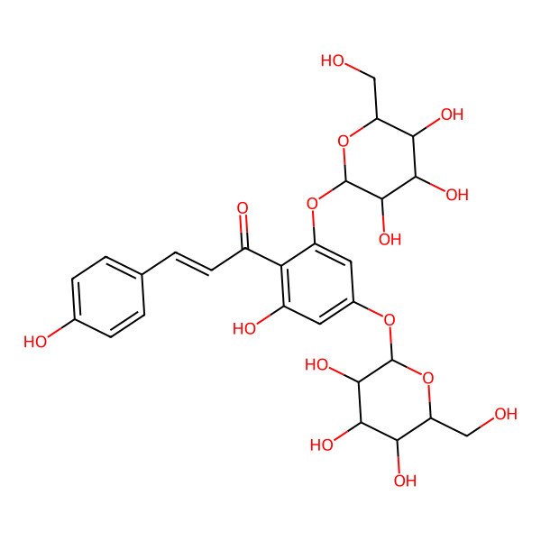 2D Structure of (E)-3-(4-hydroxyphenyl)-1-[2-hydroxy-4-[(2R,3R,4S,5R,6S)-3,4,5-trihydroxy-6-(hydroxymethyl)oxan-2-yl]oxy-6-[(2R,3S,4R,5S,6R)-3,4,5-trihydroxy-6-(hydroxymethyl)oxan-2-yl]oxyphenyl]prop-2-en-1-one