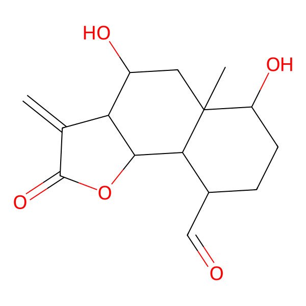 2D Structure of (3aR,4S,5aR,6R,9S,9aS,9bR)-4,6-dihydroxy-5a-methyl-3-methylidene-2-oxo-4,5,6,7,8,9,9a,9b-octahydro-3aH-benzo[g][1]benzofuran-9-carbaldehyde