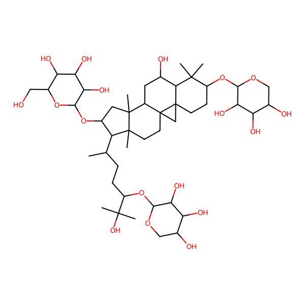 2D Structure of (2R,3R,4S,5S,6R)-2-[[(1S,3R,6S,8R,9S,11S,12S,14S,15R,16R)-9-hydroxy-15-[(2R,5S)-6-hydroxy-6-methyl-5-[(2S,3R,4S,5R)-3,4,5-trihydroxyoxan-2-yl]oxyheptan-2-yl]-7,7,12,16-tetramethyl-6-[(2S,3R,4S,5R)-3,4,5-trihydroxyoxan-2-yl]oxy-14-pentacyclo[9.7.0.01,3.03,8.012,16]octadecanyl]oxy]-6-(hydroxymethyl)oxane-3,4,5-triol