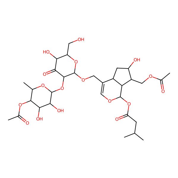 2D Structure of [(1S,4aS,6S,7S,7aS)-4-[[(2R,3S,5R,6R)-3-[(2S,3R,4S,5R,6S)-5-acetyloxy-3,4-dihydroxy-6-methyloxan-2-yl]oxy-5-hydroxy-6-(hydroxymethyl)-4-oxooxan-2-yl]oxymethyl]-7-(acetyloxymethyl)-6-hydroxy-1,4a,5,6,7,7a-hexahydrocyclopenta[c]pyran-1-yl] 3-methylbutanoate