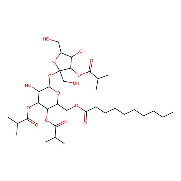 2D Structure of [5-Hydroxy-6-[4-hydroxy-2,5-bis(hydroxymethyl)-3-(2-methylpropanoyloxy)oxolan-2-yl]oxy-3,4-bis(2-methylpropanoyloxy)oxan-2-yl]methyl decanoate