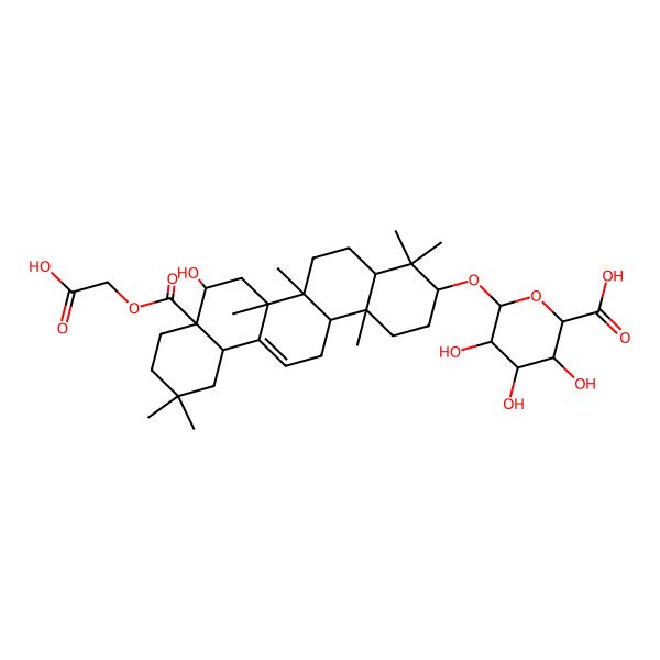 2D Structure of (2S,3S,4S,5R,6R)-6-[[(3S,4aR,6aR,6bS,8R,8aR,12aS,14aR,14bR)-8a-(carboxymethoxycarbonyl)-8-hydroxy-4,4,6a,6b,11,11,14b-heptamethyl-1,2,3,4a,5,6,7,8,9,10,12,12a,14,14a-tetradecahydropicen-3-yl]oxy]-3,4,5-trihydroxyoxane-2-carboxylic acid