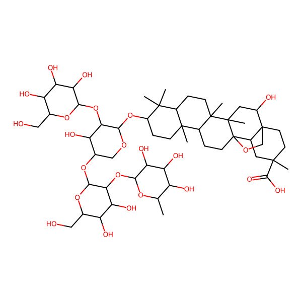 2D Structure of (1S,2R,4S,5R,8R,10S,13R,14R,17S,18R,20S)-10-[(2R,3S,4R,5R)-5-[(2S,3R,4S,5S,6R)-4,5-dihydroxy-6-(hydroxymethyl)-3-[(2S,3S,4S,5S,6R)-3,4,5-trihydroxy-6-methyloxan-2-yl]oxyoxan-2-yl]oxy-4-hydroxy-3-[(2S,3R,4S,5S,6R)-3,4,5-trihydroxy-6-(hydroxymethyl)oxan-2-yl]oxyoxan-2-yl]oxy-2-hydroxy-4,5,9,9,13,20-hexamethyl-24-oxahexacyclo[15.5.2.01,18.04,17.05,14.08,13]tetracosane-20-carboxylic acid