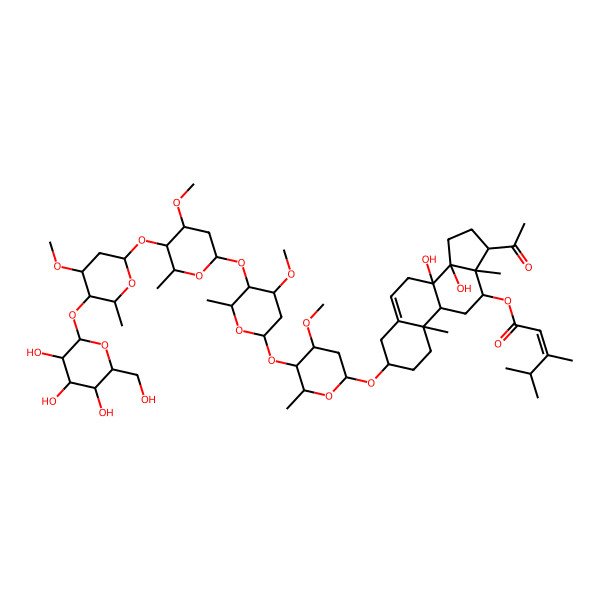 2D Structure of [(3S,8S,9R,10R,12R,13S,14R,17R)-17-acetyl-8,14-dihydroxy-3-[(2R,4S,5R,6R)-4-methoxy-5-[(2S,4S,5R,6R)-4-methoxy-5-[(2S,4R,5R,6R)-4-methoxy-5-[(2S,4S,5R,6R)-4-methoxy-6-methyl-5-[(2S,3R,4S,5S,6R)-3,4,5-trihydroxy-6-(hydroxymethyl)oxan-2-yl]oxyoxan-2-yl]oxy-6-methyloxan-2-yl]oxy-6-methyloxan-2-yl]oxy-6-methyloxan-2-yl]oxy-10,13-dimethyl-2,3,4,7,9,11,12,15,16,17-decahydro-1H-cyclopenta[a]phenanthren-12-yl] (E)-3,4-dimethylpent-2-enoate