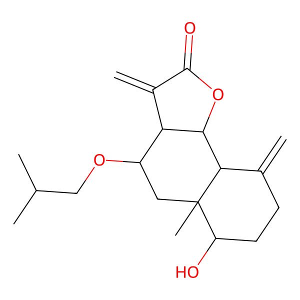 2D Structure of (3aR,4R,5aR,6R,9aS,9bR)-6-hydroxy-5a-methyl-3,9-dimethylidene-4-(2-methylpropoxy)-3a,4,5,6,7,8,9a,9b-octahydrobenzo[g][1]benzofuran-2-one
