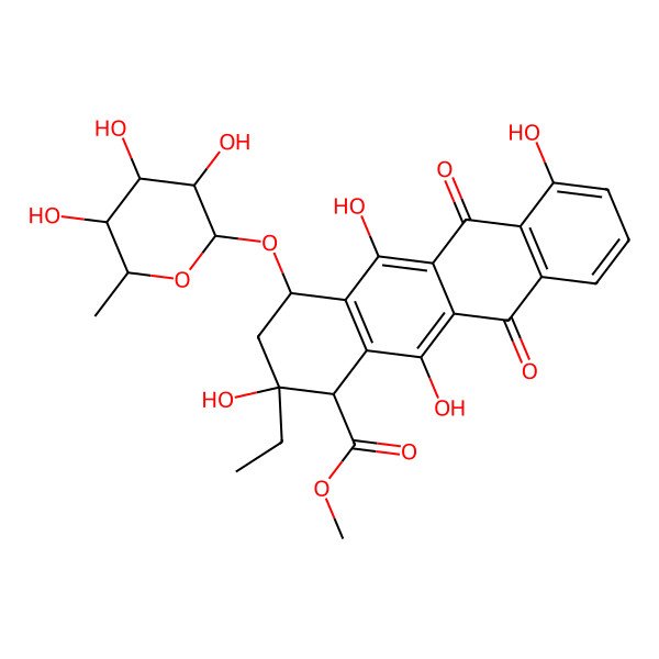 2D Structure of methyl (2R)-2-ethyl-2,5,7,12-tetrahydroxy-6,11-dioxo-4-(3,4,5-trihydroxy-6-methyloxan-2-yl)oxy-3,4-dihydro-1H-tetracene-1-carboxylate