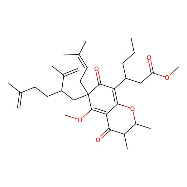 2D Structure of methyl 3-[(2R,3R)-5-methoxy-2,3-dimethyl-6-(3-methylbut-2-enyl)-6-(5-methyl-2-prop-1-en-2-ylhex-5-enyl)-4,7-dioxo-2,3-dihydrochromen-8-yl]hexanoate