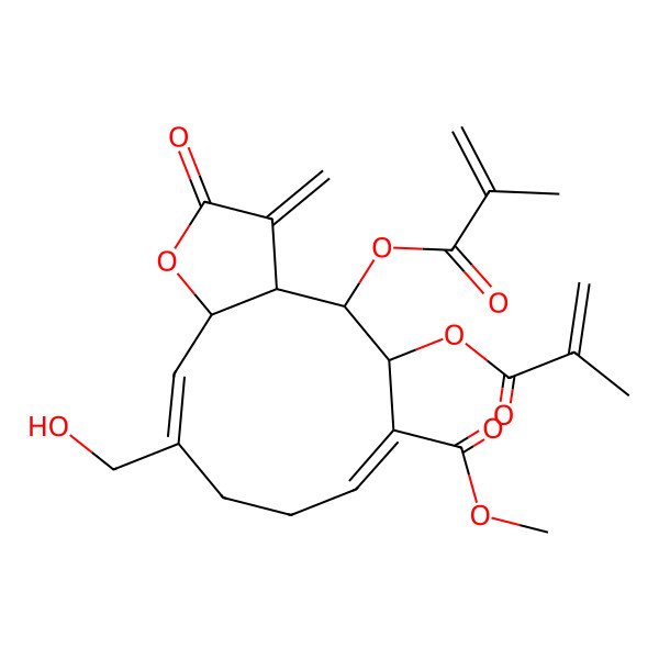 2D Structure of Methyl 10-(hydroxymethyl)-3-methylidene-4,5-bis(2-methylprop-2-enoyloxy)-2-oxo-3a,4,5,8,9,11a-hexahydrocyclodeca[b]furan-6-carboxylate