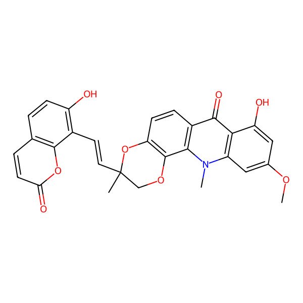 2D Structure of (3R)-8-hydroxy-3-[(E)-2-(7-hydroxy-2-oxochromen-8-yl)ethenyl]-10-methoxy-3,12-dimethyl-2H-[1,4]dioxino[2,3-c]acridin-7-one