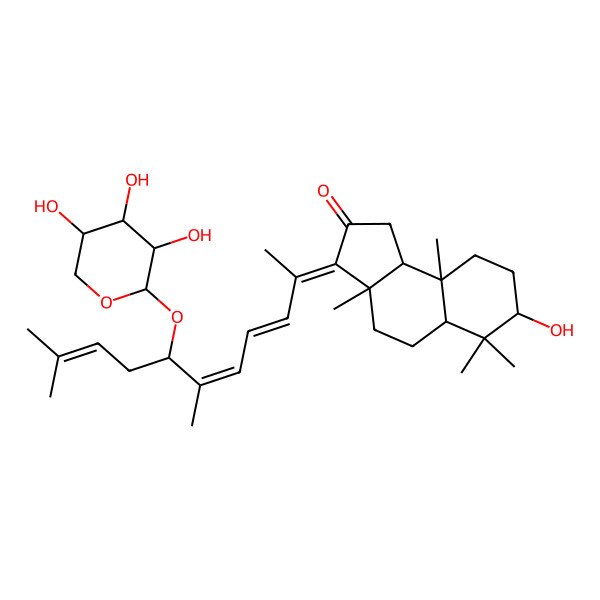 2D Structure of (3Z,3aS,5aR,7R,9aR,9bS)-3-[(3E,5E)-6,10-dimethyl-7-[(2R,3R,4R,5R)-3,4,5-trihydroxyoxan-2-yl]oxyundeca-3,5,9-trien-2-ylidene]-7-hydroxy-3a,6,6,9a-tetramethyl-1,4,5,5a,7,8,9,9b-octahydrocyclopenta[a]naphthalen-2-one