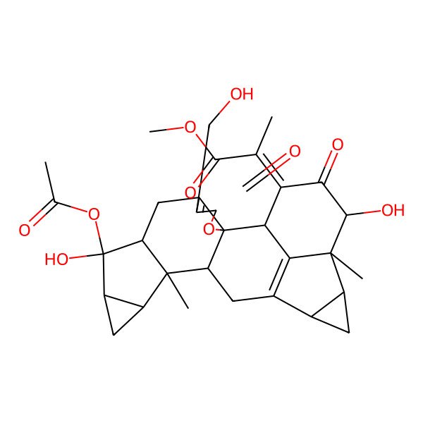 2D Structure of methyl (2Z)-2-[(1R,8R,9R,10S,12R,13R,14S,17S,19R,20S,21R)-9-acetyloxy-9,21-dihydroxy-5-(hydroxymethyl)-13,20-dimethyl-4,22-dioxo-3-oxaoctacyclo[14.7.1.02,6.02,14.08,13.010,12.017,19.020,24]tetracosa-5,16(24)-dien-23-ylidene]propanoate