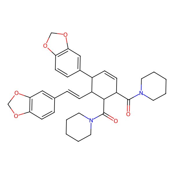 2D Structure of [4-(1,3-Benzodioxol-5-yl)-5-[2-(1,3-benzodioxol-5-yl)ethenyl]-6-(piperidine-1-carbonyl)cyclohex-2-en-1-yl]-piperidin-1-ylmethanone