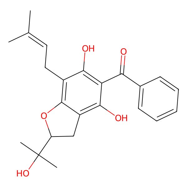 2D Structure of [(2R)-4,6-dihydroxy-2-(2-hydroxypropan-2-yl)-7-(3-methylbut-2-enyl)-2,3-dihydro-1-benzofuran-5-yl]-phenylmethanone