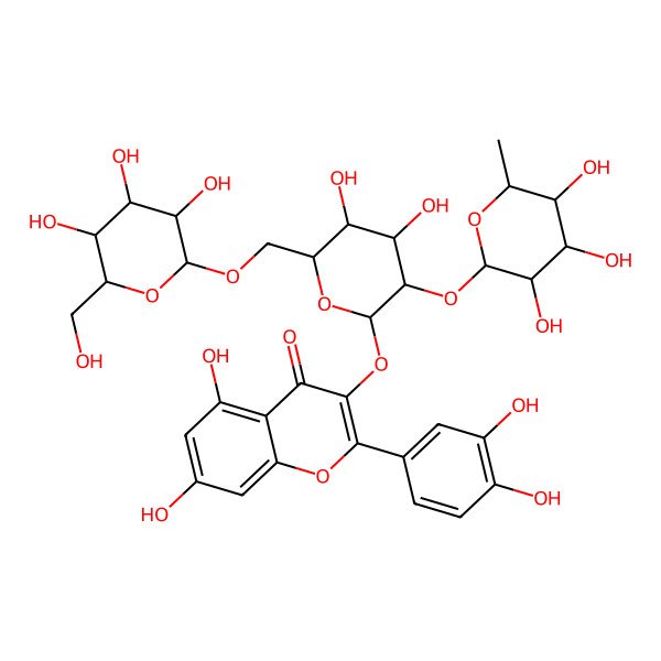 2D Structure of 2-(3,4-dihydroxyphenyl)-3-[(2R,3S,4R,5S,6R)-4,5-dihydroxy-6-[[(2R,3R,4S,5S,6R)-3,4,5-trihydroxy-6-(hydroxymethyl)oxan-2-yl]oxymethyl]-3-[(2S,3R,4R,5R,6R)-3,4,5-trihydroxy-6-methyloxan-2-yl]oxyoxan-2-yl]oxy-5,7-dihydroxychromen-4-one