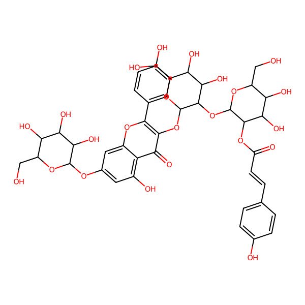 2D Structure of 7-(beta-D-Glucopyranosyloxy)-5-hydroxy-2-(4-hydroxyphenyl)-3-[[2-O-[2-O-[(2E)-3-(4-hydroxyphenyl)-1-oxo-2-propen-1-yl]-beta-D-glucopyranosyl]-beta-D-glucopyranosyl]oxy]-4H-1-benzopyran-4-one