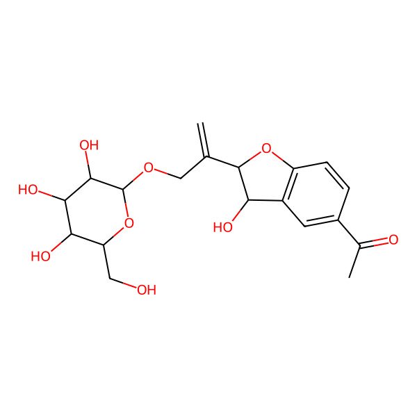 2D Structure of 1-[(2R,3R)-3-hydroxy-2-[3-[(2R,3R,4S,5S,6R)-3,4,5-trihydroxy-6-(hydroxymethyl)oxan-2-yl]oxyprop-1-en-2-yl]-2,3-dihydro-1-benzofuran-5-yl]ethanone