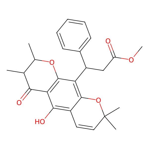 2D Structure of methyl (3R)-3-[(7S,8S)-5-hydroxy-2,2,7,8-tetramethyl-6-oxo-7,8-dihydropyrano[3,2-g]chromen-10-yl]-3-phenylpropanoate