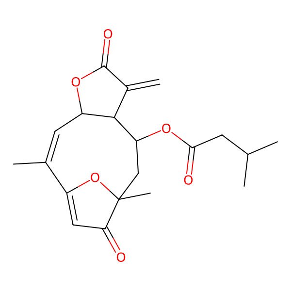 2D Structure of (2,11-Dimethyl-7-methylidene-6,12-dioxo-5,14-dioxatricyclo[9.2.1.04,8]tetradeca-1(13),2-dien-9-yl) 3-methylbutanoate