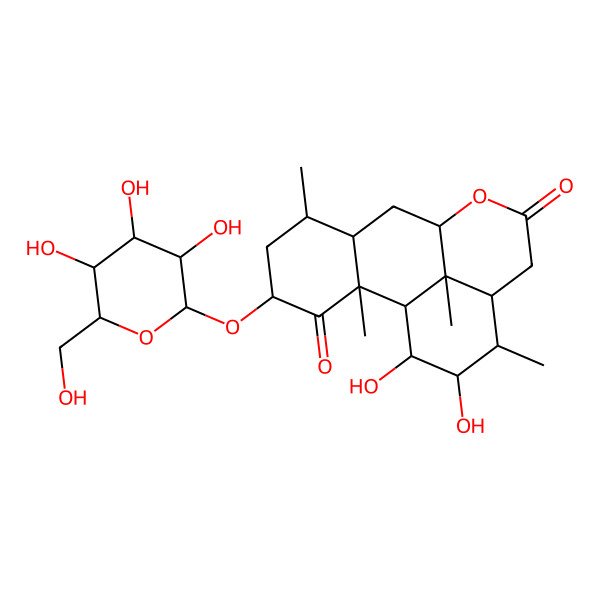 2D Structure of (1S,2S,4S,6R,7S,9R,13S,14R,15R,16S,17S)-15,16-dihydroxy-2,6,14,17-tetramethyl-4-[(2S,3R,4S,5S,6R)-3,4,5-trihydroxy-6-(hydroxymethyl)oxan-2-yl]oxy-10-oxatetracyclo[7.7.1.02,7.013,17]heptadecane-3,11-dione