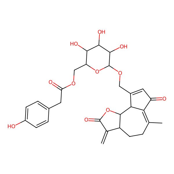 2D Structure of [(2R,3S,4S,5R,6R)-6-[[(3aS,9aS,9bS)-6-methyl-3-methylidene-2,7-dioxo-4,5,9a,9b-tetrahydro-3aH-azuleno[8,7-b]furan-9-yl]methoxy]-3,4,5-trihydroxyoxan-2-yl]methyl 2-(4-hydroxyphenyl)acetate