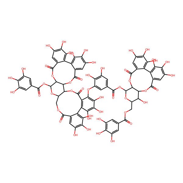 2D Structure of [11-[3-[[7,8,9,12,13,14,28,29,30,33,34,35-Dodecahydroxy-4,17,25,38-tetraoxo-20-(3,4,5-trihydroxybenzoyl)oxy-3,18,21,24,39-pentaoxaheptacyclo[20.17.0.02,19.05,10.011,16.026,31.032,37]nonatriaconta-5,7,9,11,13,15,26,28,30,32(37),33,35-dodecaen-36-yl]oxy]-4,5-dihydroxybenzoyl]oxy-3,4,5,14,20,21,22-heptahydroxy-8,17-dioxo-9,12,16-trioxatetracyclo[16.4.0.02,7.010,15]docosa-1(22),2,4,6,18,20-hexaen-13-yl]methyl 3,4,5-trihydroxybenzoate