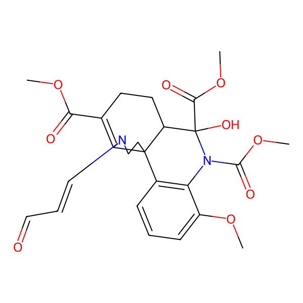 2D Structure of trimethyl (1R,9R,10R)-9-hydroxy-6-methoxy-15-[(E)-3-oxoprop-1-enyl]-8,15-diazatetracyclo[8.7.0.01,14.02,7]heptadeca-2(7),3,5,13-tetraene-8,9,13-tricarboxylate