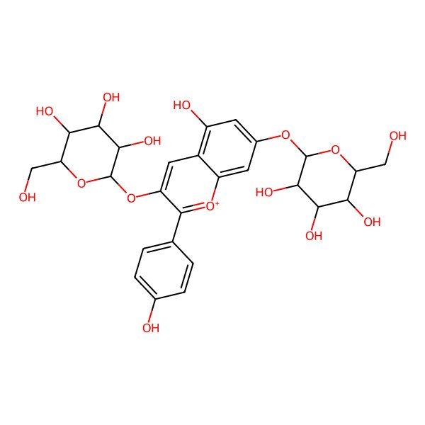 2D Structure of (2S,3R,4S,5S,6R)-2-[5-hydroxy-2-(4-hydroxyphenyl)-3-[(2S,3S,4S,5S,6R)-3,4,5-trihydroxy-6-(hydroxymethyl)oxan-2-yl]oxychromenylium-7-yl]oxy-6-(hydroxymethyl)oxane-3,4,5-triol