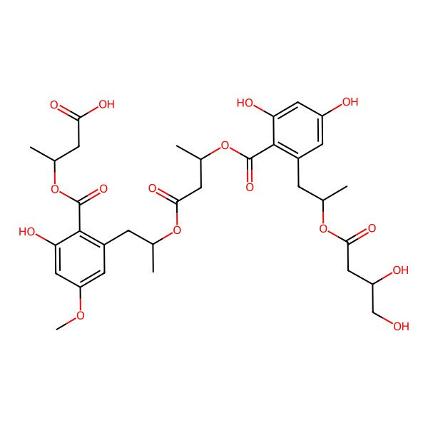2D Structure of 3-[2-[2-[3-[2-[2-(3,4-Dihydroxybutanoyloxy)propyl]-4,6-dihydroxybenzoyl]oxybutanoyloxy]propyl]-6-hydroxy-4-methoxybenzoyl]oxybutanoic acid