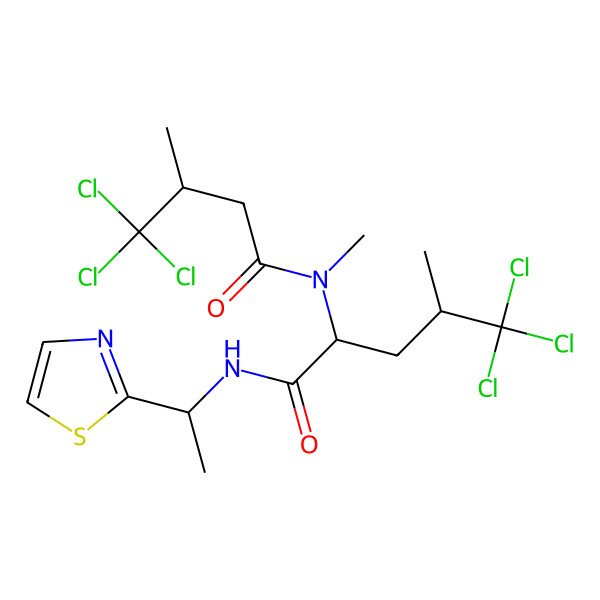 2D Structure of (2R,4S)-5,5,5-trichloro-4-methyl-2-[methyl-[(3R)-4,4,4-trichloro-3-methylbutanoyl]amino]-N-[(1S)-1-(1,3-thiazol-2-yl)ethyl]pentanamide