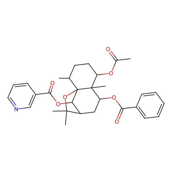 2D Structure of [(1S,2R,5S,6S,7S,9R,12R)-5-acetyloxy-7-benzoyloxy-2,6,10,10-tetramethyl-11-oxatricyclo[7.2.1.01,6]dodecan-12-yl] pyridine-3-carboxylate