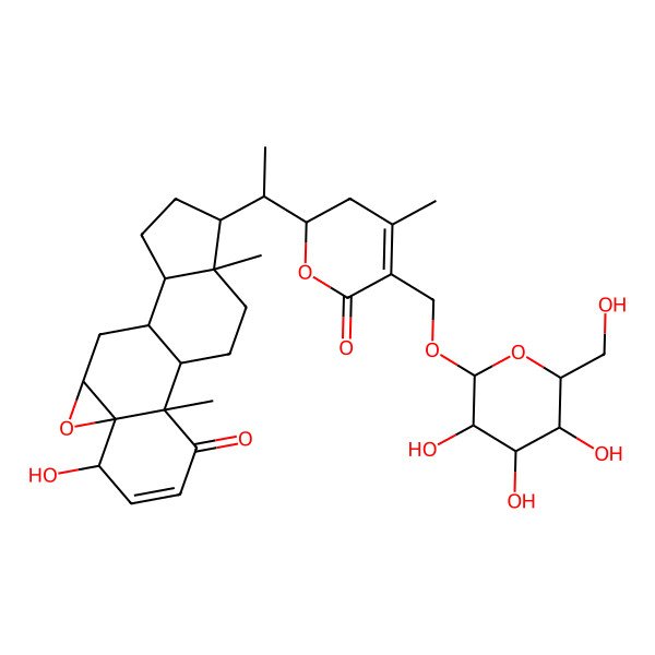 2D Structure of 6-Hydroxy-2,16-dimethyl-15-[1-[4-methyl-6-oxo-5-[[3,4,5-trihydroxy-6-(hydroxymethyl)oxan-2-yl]oxymethyl]-2,3-dihydropyran-2-yl]ethyl]-8-oxapentacyclo[9.7.0.02,7.07,9.012,16]octadec-4-en-3-one