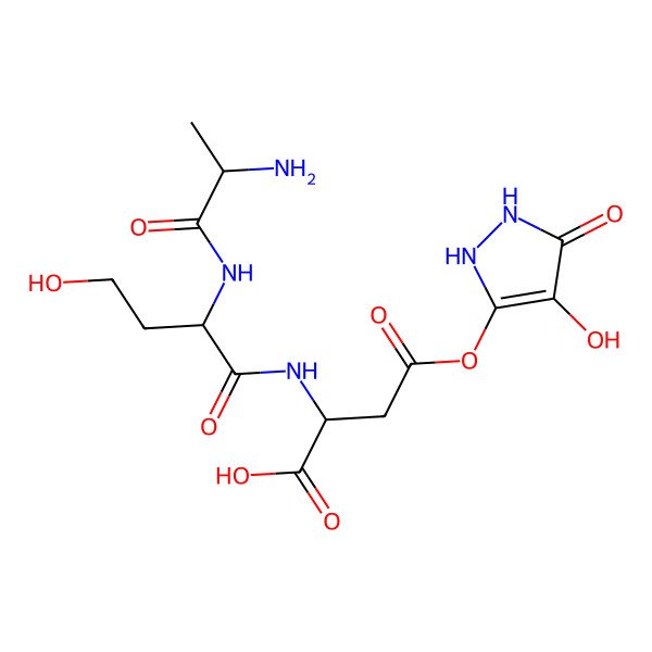 2D Structure of 2-[[2-(2-Aminopropanoylamino)-4-hydroxybutanoyl]amino]-4-[(4-hydroxy-5-oxo-1,2-dihydropyrazol-3-yl)oxy]-4-oxobutanoic acid