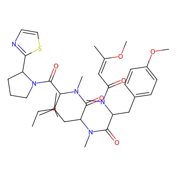 2D Structure of (2S)-2-[[(2S)-2-[[(E)-3-methoxybut-2-enoyl]-methylamino]-3-(4-methoxyphenyl)propanoyl]-methylamino]-N,4-dimethyl-N-[(2S,3S)-3-methyl-1-oxo-1-[2-(1,3-thiazol-2-yl)pyrrolidin-1-yl]pentan-2-yl]pentanamide