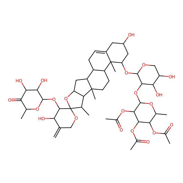 2D Structure of [(2S,3S,4R,5R,6S)-4,5-diacetyloxy-6-[(2S,3R,4S,5S)-2-[(1S,2S,3'R,4S,4'S,6S,7S,8R,9S,12S,13R,14R,16R)-3'-[(2S,3R,4R,6R)-3,4-dihydroxy-6-methyl-5-oxooxan-2-yl]oxy-4',16-dihydroxy-7,9,13-trimethyl-5'-methylidenespiro[5-oxapentacyclo[10.8.0.02,9.04,8.013,18]icos-18-ene-6,2'-oxane]-14-yl]oxy-4,5-dihydroxyoxan-3-yl]oxy-2-methyloxan-3-yl] acetate