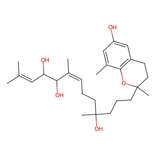 2D Structure of (4R,5S,6E,10S)-13-[(2R)-6-hydroxy-2,8-dimethyl-3,4-dihydrochromen-2-yl]-2,6,10-trimethyltrideca-2,6-diene-4,5,10-triol