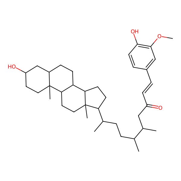 2D Structure of (Z,6R,9R)-9-[(3S,5S,8R,9S,10S,13R,14S,17R)-3-hydroxy-10,13-dimethyl-2,3,4,5,6,7,8,9,11,12,14,15,16,17-tetradecahydro-1H-cyclopenta[a]phenanthren-17-yl]-1-(4-hydroxy-3-methoxyphenyl)-5,6-dimethyldec-1-en-3-one