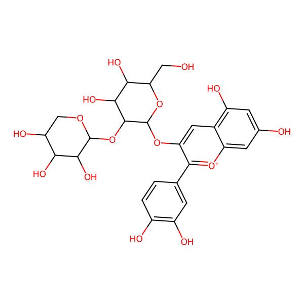 2D Structure of (2S,3R,4R,5S)-2-[(2S,3S,4S,5S,6R)-2-[2-(3,4-dihydroxyphenyl)-5,7-dihydroxychromenylium-3-yl]oxy-4,5-dihydroxy-6-(hydroxymethyl)oxan-3-yl]oxyoxane-3,4,5-triol