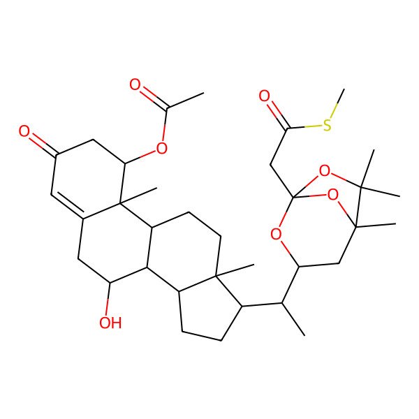 2D Structure of [7-Hydroxy-10,13-dimethyl-3-oxo-17-[1-[5,6,6-trimethyl-1-(2-methylsulfanyl-2-oxoethyl)-2,7,8-trioxabicyclo[3.2.1]octan-3-yl]ethyl]-1,2,6,7,8,9,11,12,14,15,16,17-dodecahydrocyclopenta[a]phenanthren-1-yl] acetate