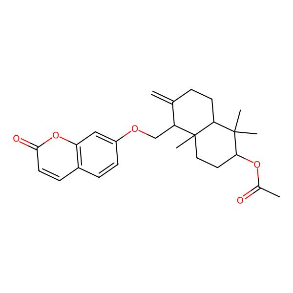2D Structure of [(2R,4aR,5R,8aS)-1,1,4a-trimethyl-6-methylidene-5-[(2-oxochromen-7-yl)oxymethyl]-3,4,5,7,8,8a-hexahydro-2H-naphthalen-2-yl] acetate