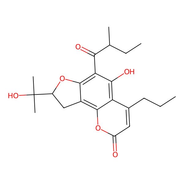 2D Structure of (8S)-5-hydroxy-8-(2-hydroxypropan-2-yl)-6-[(2R)-2-methylbutanoyl]-4-propyl-8,9-dihydrofuro[2,3-h]chromen-2-one
